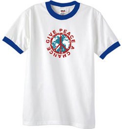 Peace Sign Ringer T-shirt - Give Peace A Chance Tee - White/Royal Blue