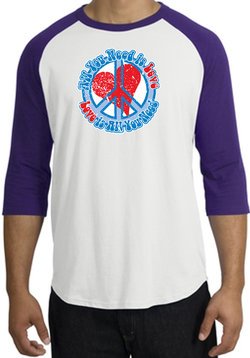 Peace Sign Shirt All You Need Is Love Raglan Shirt White/Purple