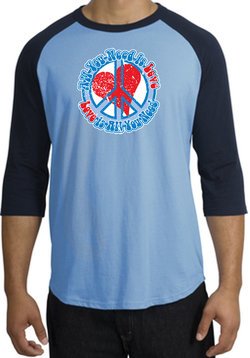 Peace Sign Shirt All You Need Is Love Raglan Tee Carolina Blue/Navy