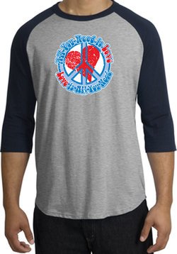 Peace Sign Shirt All You Need Is Love Raglan Tee Heather Grey/Navy