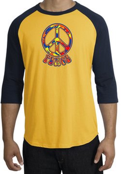 Peace Sign Shirt Funky 70s Peace Raglan Tee Gold/Navy
