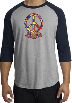 Peace Sign Shirt Funky 70s Peace Raglan Tee Heather Grey/Navy