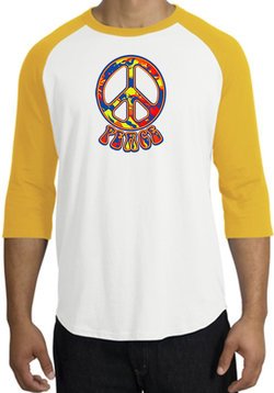 Peace Sign Shirt Funky 70s Peace Raglan Tee White/Gold