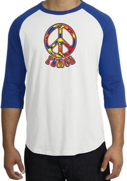Peace Sign Shirt Funky 70s Peace Raglan Tee White/Royal