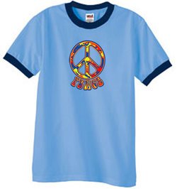 Peace Sign Shirt Funky 70s Peace Ringer Tee Carolina Blue/Navy
