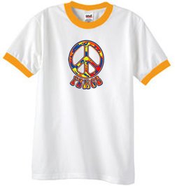 Peace Sign Shirt Funky 70s Peace Ringer Tee White/Gold