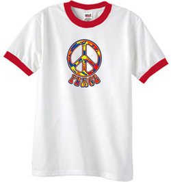Peace Sign Shirt Funky 70s Peace Ringer Tee White/Red