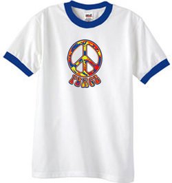 Peace Sign Shirt Funky 70s Peace Ringer Tee White/Royal