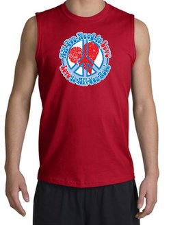 Peace Sign Shooter T-shirt - All You Need Is Love Adult Cut Off - Red