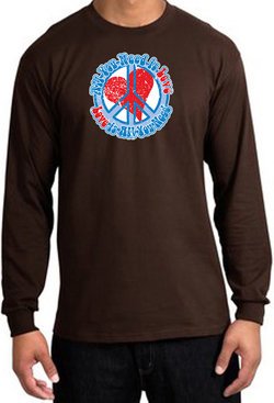 Peace Sign T-shirt All You Need Is Love Long Sleeve Tee Brown