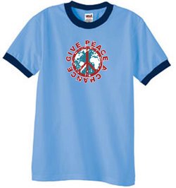 Peace Sign T-shirt Give Peace A Chance Ringer Tee Carolina Blue/Navy