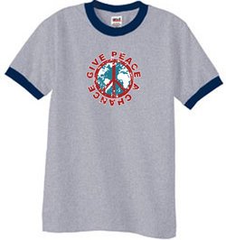 Peace Sign T-shirt Give Peace A Chance Ringer Tee Heather Grey/Navy