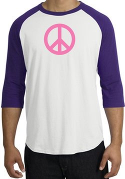 PINK PEACE World Peace Sign Symbol Adult Raglan T-shirt - White/Purple