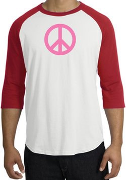 PINK PEACE World Peace Sign Symbol Adult Raglan T-shirt - White/Red