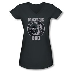 Rocky And Bullwinkle Shirt Juniors V Neck Dangerous Duo Charcoal T-Shirt