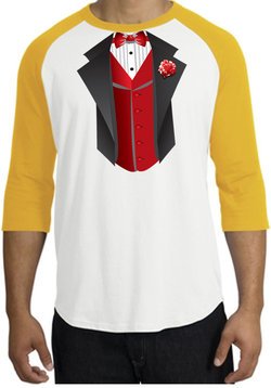 Tuxedo T-shirts Raglan With Red Vest - White/Gold